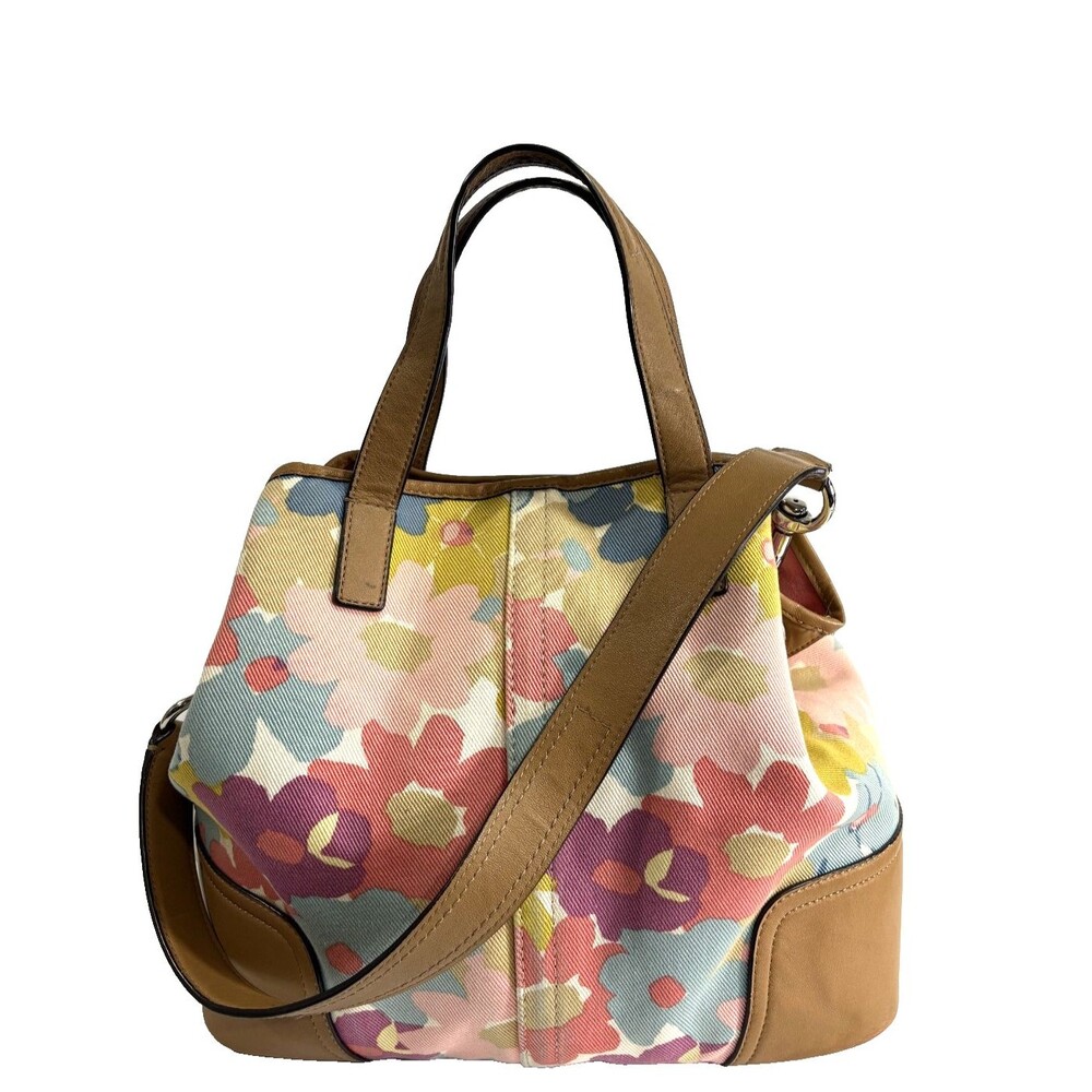 Coach Floral Canvas Crossbody Tote in Multicolor with Tan Leather Trim